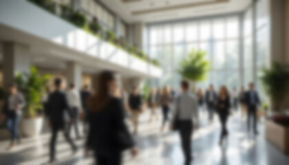 Busy modern office lobby filled with professionals and greenery Blur photo Concept