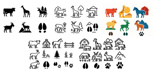 Farm and wildlife animal icons and silhouettes