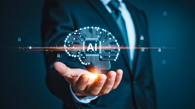 Businessman holding ai brain hologram with digital innovation concept
