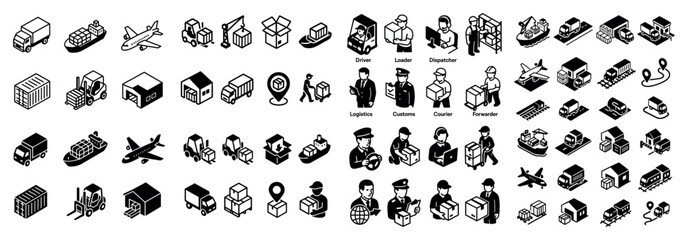 Logistics and delivery icons set in black and white