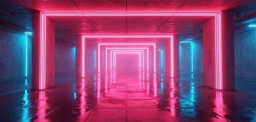 Futuristic tunnel with neon lights glows in pink and blue. Concrete walls reflect light. Cyberpunk style interior with glowing frames evokes space age. Digital render art in style of science fiction.