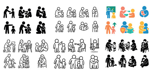 Diverse parenting icons depicting family interactions