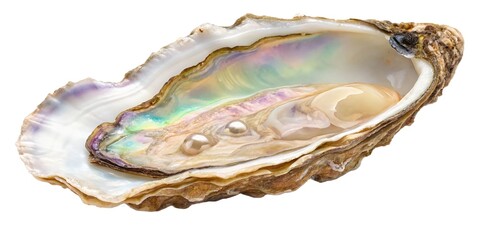 Open oyster shell revealing iridescent nacre and natural pearls