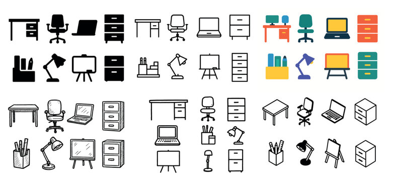 Office furniture and supplies icon set collection