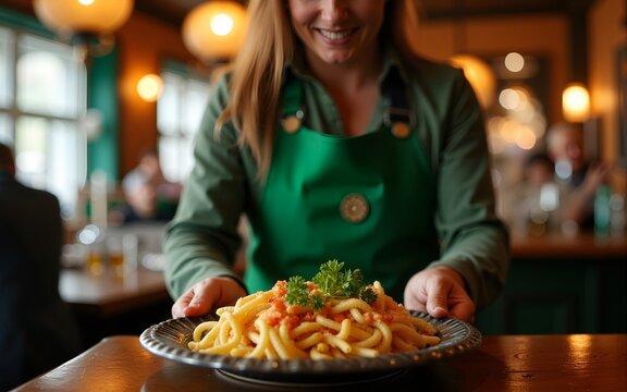 Waiter serving traditional irish food during Saint Patrick's day celebration in a pub. High quality