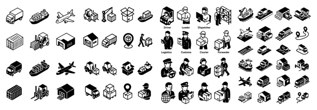 Logistics and delivery icons set in black and white