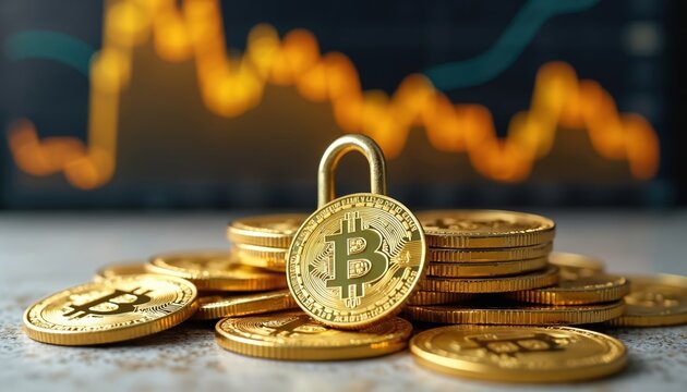 Golden bitcoin coins stacked with lock, abstract financial chart background. Cryptocurrency security and investment concept. Digital asset with data analytics.