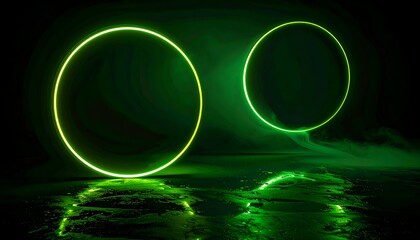 Neon Green Circles Reflecting on Wet Surface in Dark Room.