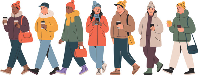 A diverse group of men and women walking outdoors wearing various colorful winter outfits