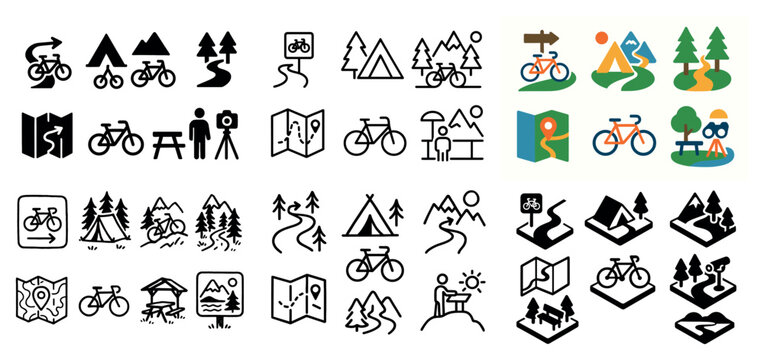 Outdoor adventure icons: biking, hiking, camping