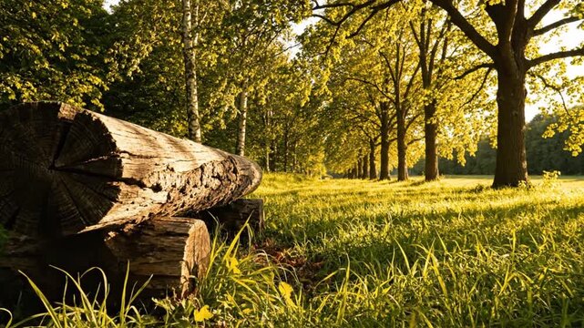 Fallen Log in Sunny Forest Clearing with Trees and Grass Blowing