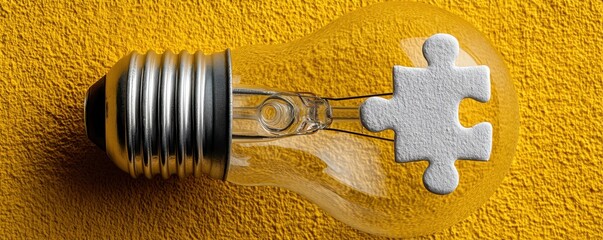 Light bulb with puzzle piece on yellow background symbolizing creativity and innovation