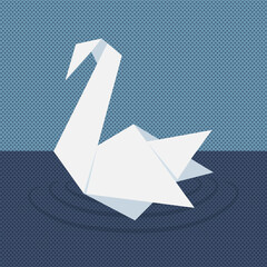 White origami swan glides on water. Folded paper bird. Vector illustration