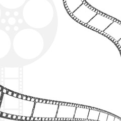 Fototapeta premium Minimalist movie cinema frame template with film reel and filmstrip silhouettes. Vector illustration