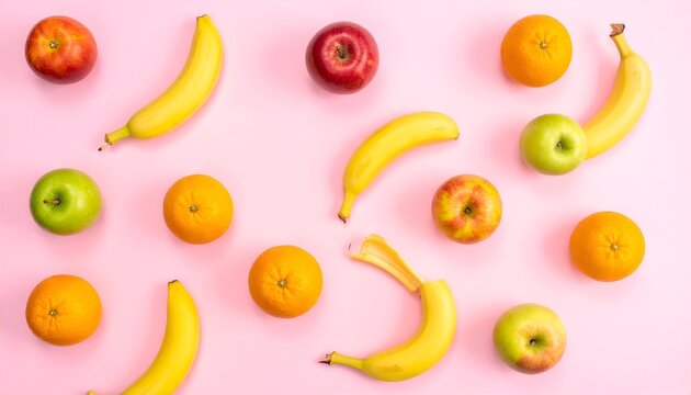 Colorful Fruit Arrangement on Pink Background - Bananas, Apples, Oranges. - Powered by Adobe