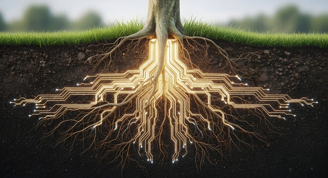 Conceptual illustration of a tree with its roots transformed into a glowing, intricate circuit board network, symbolizing the fusion of nature and technology - Powered by Adobe