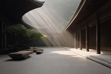 oriental courtyard architecture, chinese architecture with curved roofs and sunlight creates a serene atmosphere in traditional courtyards