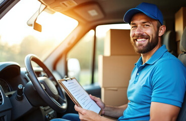 Smiling delivery man in blue uniform sits inside van checks package list on clipboard. Stacks of boxes in cargo area. Transportation and logistics service.