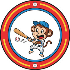 Playful Cartoon Monkey Batter Swings Baseball Bat in Circular Design logo design vector