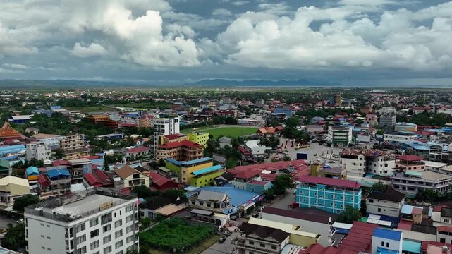 Aerial view of Authentic Daily Life on the Streets of Kampot ,Cambodia.