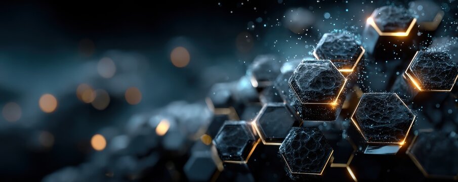 Abstract black hexagonal shapes with glowing edges on a blue background