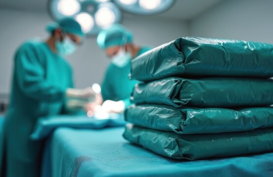 Sterile surgical packages stacked in operating room. Surgeons perform procedure in blurred background. Hospital team works on patient under lamp. Shows hygiene, safety, readiness, infection control