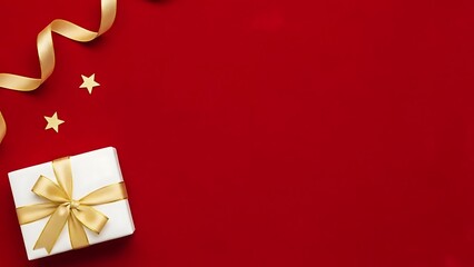 Top view of white gift box with gold ribbon on red background