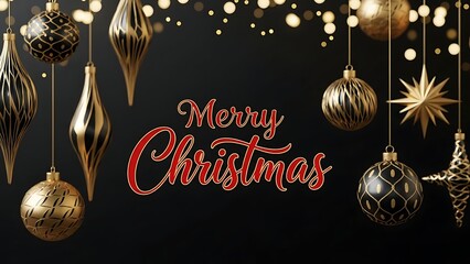 Merry christmas text with elegant gold and black hanging ornament decoration