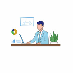 Man works on laptop, attracts new customers, makes ad mailing. Vector illustration of people characters activities.