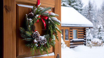 A festive evergreen wreath adorned with pinecones and red ribbons hangs on a rustic wooden door of a snow covered log cabin during winter Christmas Day