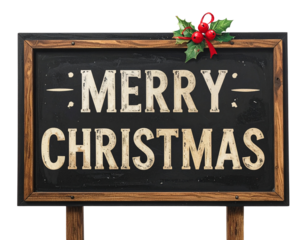 Merry christmas chalkboard sign with holly decoration isolated on transparent background