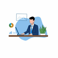 Man works on laptop, attracts new customers, makes ad mailing. Vector illustration of people characters activities.