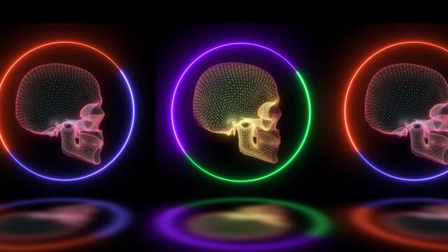Futuristic Neon Wireframe Skulls Rotating In Vibrant Glowing Circles With Reflections  Seamless Sci-fi Digital Art Loop, Vibrant Neon Wireframe Skulls Rotating In Glowing Rings, Abstract Digital Anato - Powered by Adobe