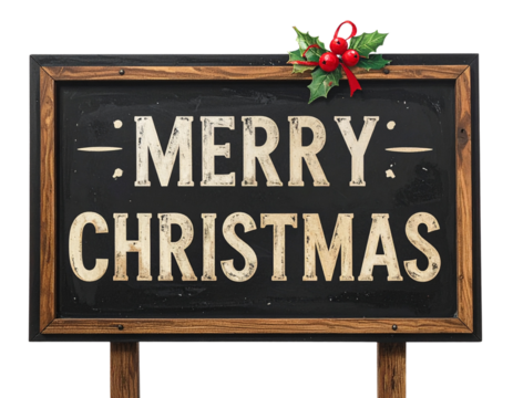 Merry christmas chalkboard sign with holly decoration isolated on transparent background