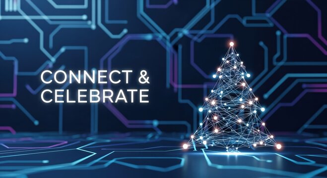 CONNECT & CELEBRATE Digital Christmas Tree on Circuit Board Background for Technology Holiday Celebration - Powered by Adobe