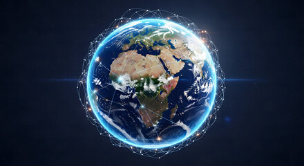 Dynamic visualization of a global digital network encompassing the Earth, symbolizing interconnected communication, data transfer, and technological advancement