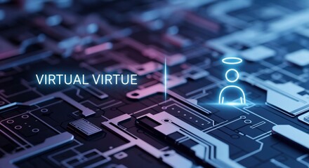 Virtual Virtue concept on a glowing circuit board with a digital angel icon, representing ethical technology and digital integrity