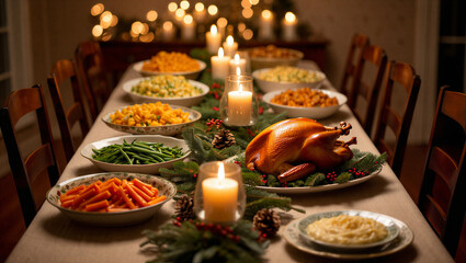 Warmly lit thanksgiving dinner table laden with a roasted turkey and abundant side dishes surrounded by flickering candles and festive decorations Christmas Day