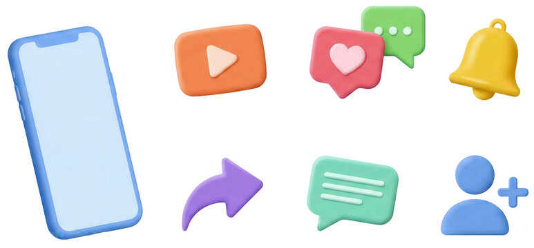 3D rendered collection of social media and mobile application icons including phone, play, like, comment, notification, share, message, and add friend.
