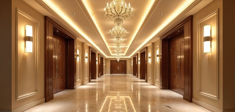 Long hotel corridor with marble floors, wooden doors, crystal chandeliers. Soft ambient lights illuminate elegant hallway, suggesting luxury, comfort in grand establishment. Interior reflects