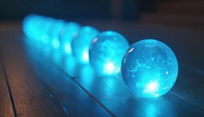 Blue glowing spheres line on wooden surface. Illuminated crystal orbs in dark. Modern tech art photo with bright light and blurred background. Spheres shine on a wooden floor.