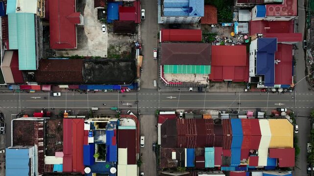 Aerial view of Authentic Daily Life on the Streets of Kampot ,Cambodia.
