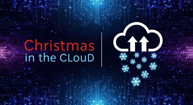 Christmas in the CLoUD with Digital Snowflakes and Cloud Computing Theme on Circuit Board Background