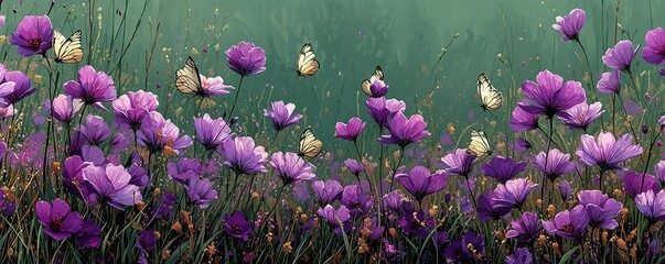 Purple wildflowers and butterflies in a serene meadow with a green backdrop