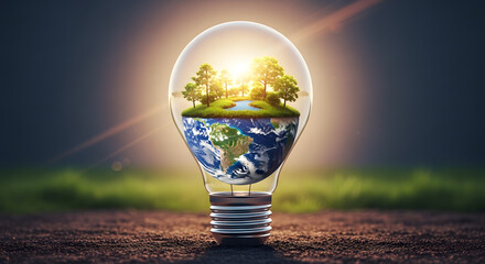 A symbolic lightbulb containing a thriving green world represents a bright idea for renewable energy, conservation, and a sustainable future