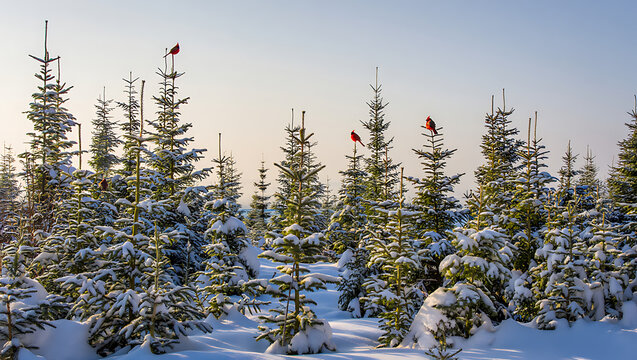 A serene winter landscape showcasing a dense forest of snow covered evergreen trees under a soft hazy sky at dawn or dusk Christmas Day