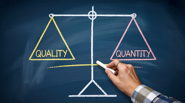 Quality and quantity balance drawn on chalkboard scale for comparison
