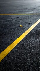 Asphalt textured road with bright yellow painted lines and a single fallen leaf
