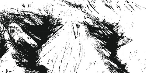 Stylized monochrome mountainous landscape grunge design backdrop isolated on white background