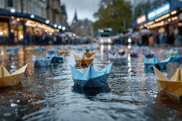 Obraz premium Colorful paper boats floating on a rainy street during a vibrant market day
